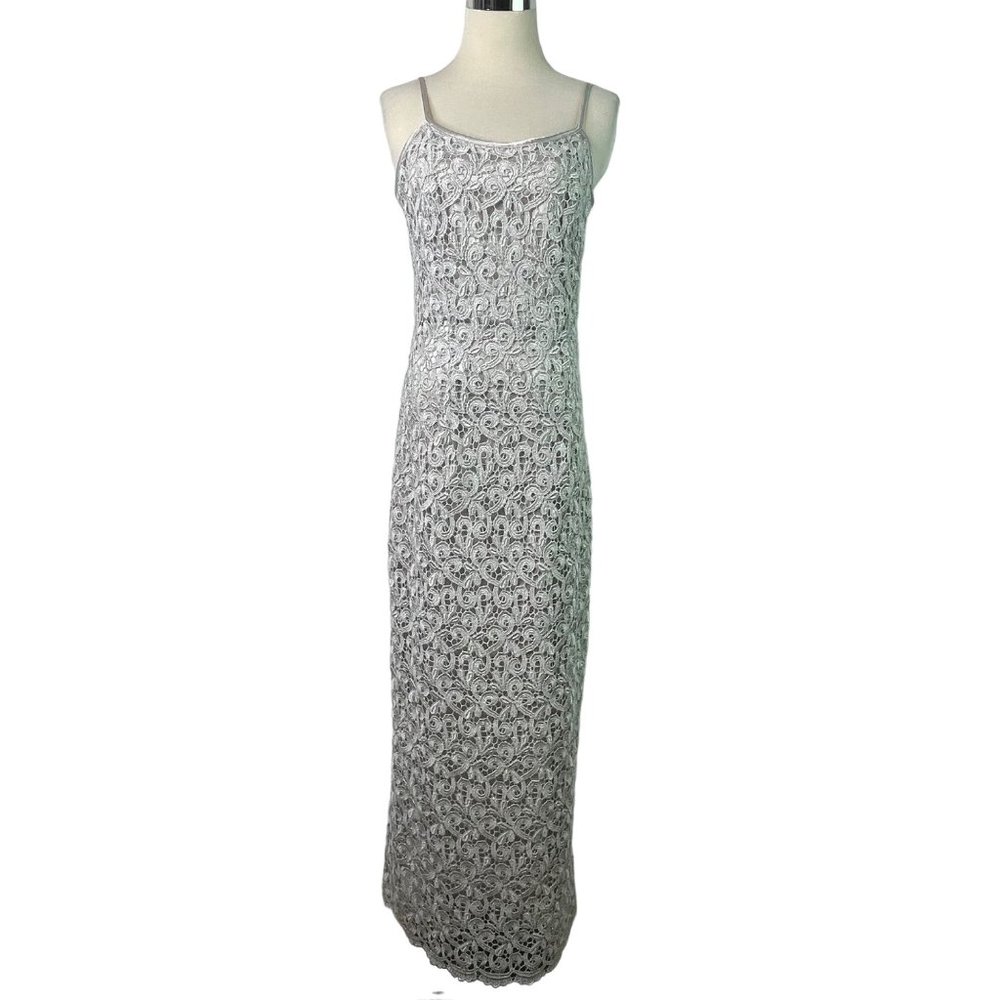 Aspeed Dress Vintage USA Maxi Spaghetti Straps Silver Lace Overlay Prom Formal
